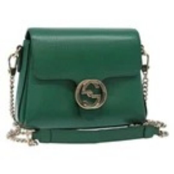 GUCCI Interlocking G Chain Bag Leather Outlet Green Gold 607720 Auth 133898 - Picture 1 of 16